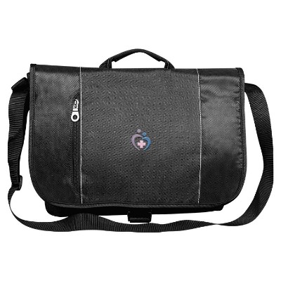 Black messenger bag with zippered pocket and embroidered logo.
