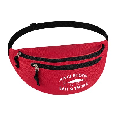 Red zippered fanny pack with personalized imprint.