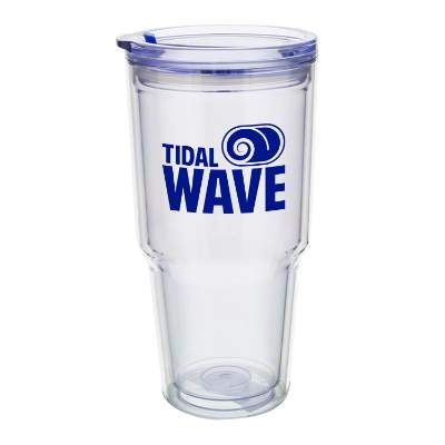 Clear tumbler with custom imprint.