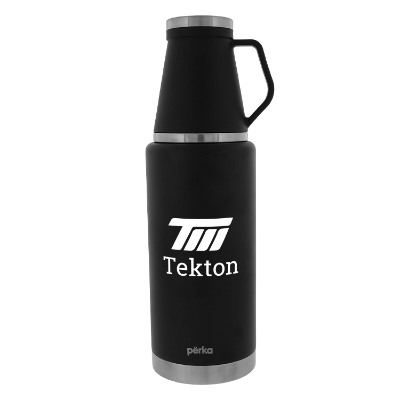 Black stainless growler with custom logo.