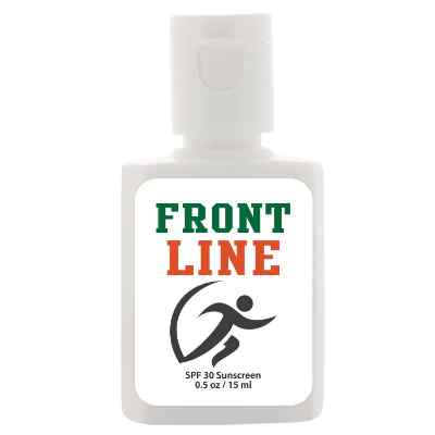 Plastic white sunscreen with a personalized logo.