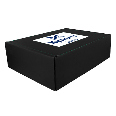 Black cardboard box with a branded logo.