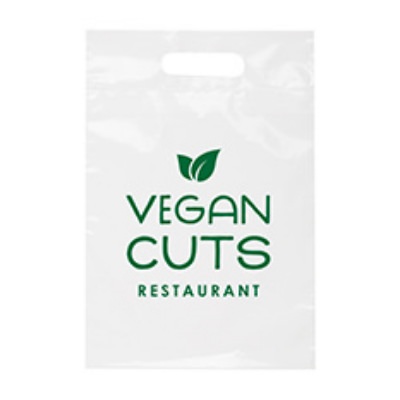 Plastic white die cut bag with customized imprint.