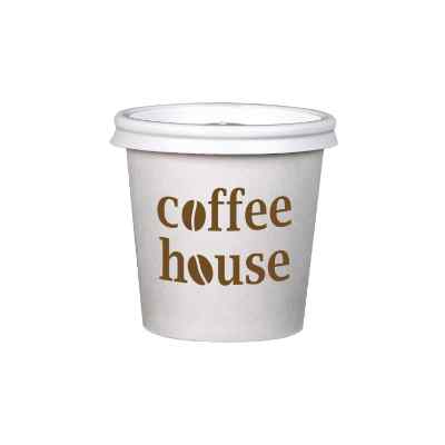 White paper cup with custom branding and black lid in 4 ounces.