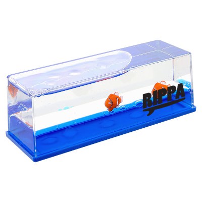 Clear rectangular paperweight with blue gel and clownfish inside with custom promotional imprint.