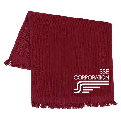 Custom fringed sport towel.