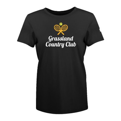 Personalized full color logo on ladies' black with white t-shirt.