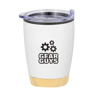 Bamboo bottom white tumbler with custom logo.