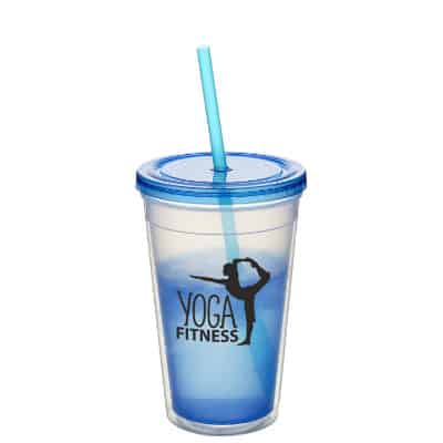 Plastic blue tumbler with custom logo in 16 ounces.