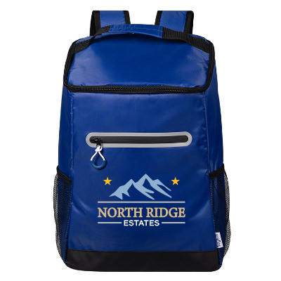 Blue polyester cooler with a customized logo.