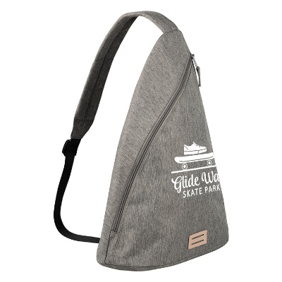 Recycled sling bag with custom promotional imprint.