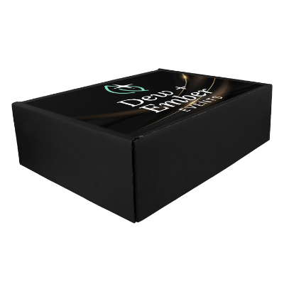 Black cardboard box with a branded logo.