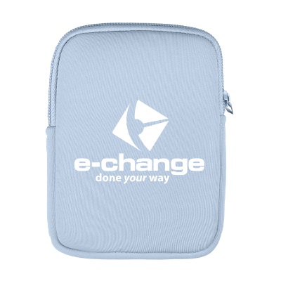 Light blue water bottle pouch with personalized imprint.