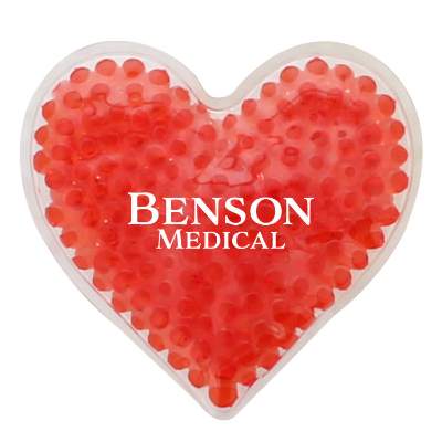 Plastic red hot and cold pack with a personalized logo.