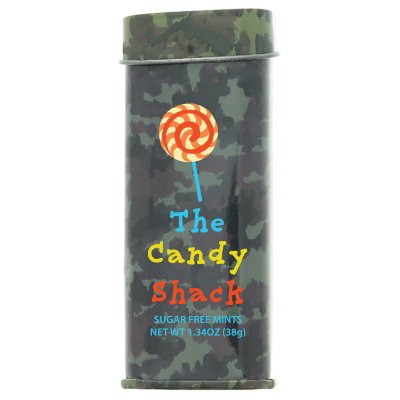 Tall camouflage mint full color tin imprint.
