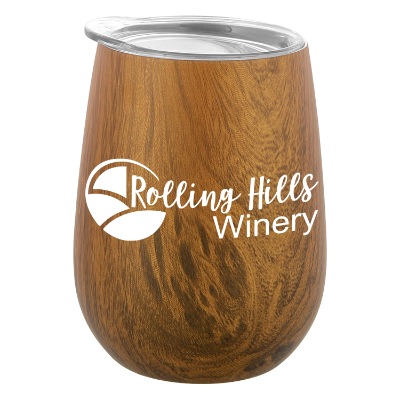 Wood tone wine tumbler with custom logo.