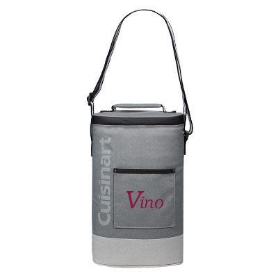 Gray polyester cooler with a custom logo.
