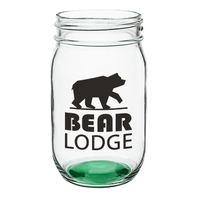 Green mason jar with custom logo.
