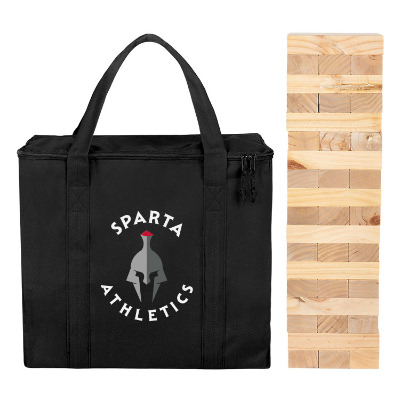 Black polyester and wood outdoor game with a branded logo.
