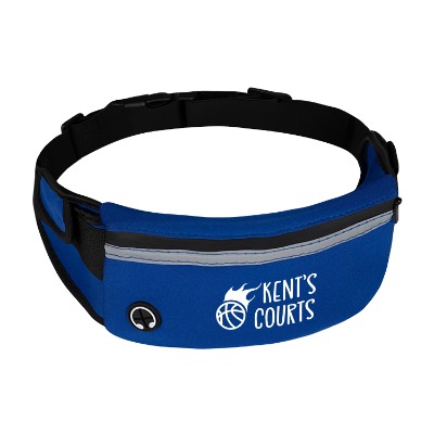 Blue belt bag with pocket and custom imprint.
