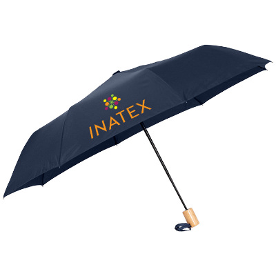Navy recycled folding auto open umbrella with personalized full color logo.