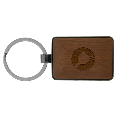 Wooden and metal rectangular keychain with custom laser engraved imprint.