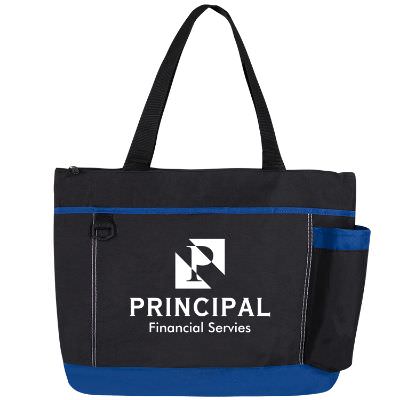 Polyester royal blue odyssey tote with personalized imprint.