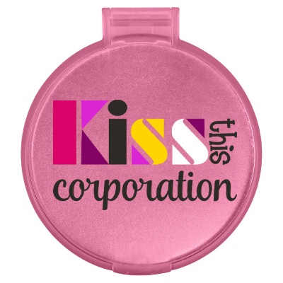 Pink plastic mirror with a branded logo.