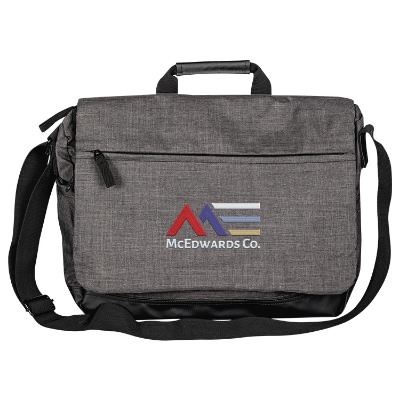 Embroidered personalized gray with black accented messenger bag.