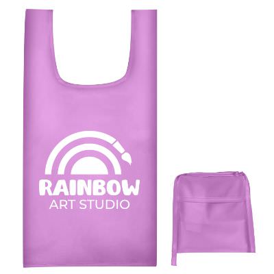 Polyester purple foldable printed t shirt bag with customized imprint.