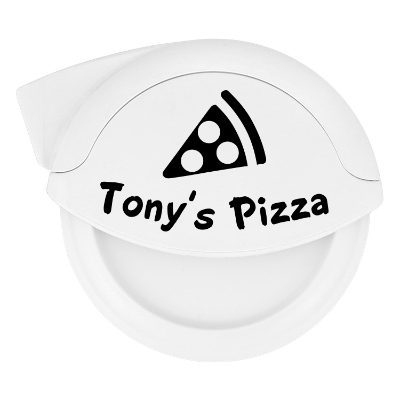 White pizza cutter with custom logo.