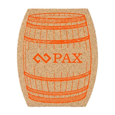 Cork barrel coaster with custom brand.