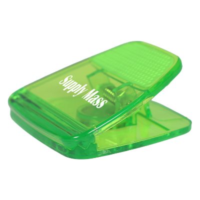 Clear plastic magnetic memo clip with gray grip with custom printed logo.