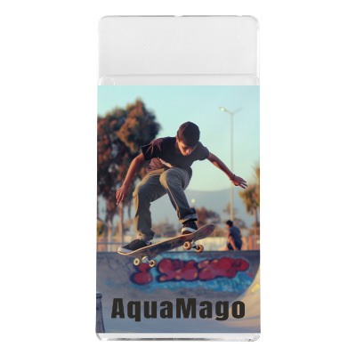 Clear plastic picture frame with a custom logo.