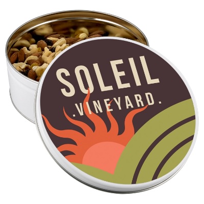 White candy tin with a personalized imprint.