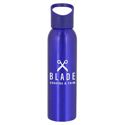 Aluminum blue water bottle with custom logo and screw on lid in 20 ounces.