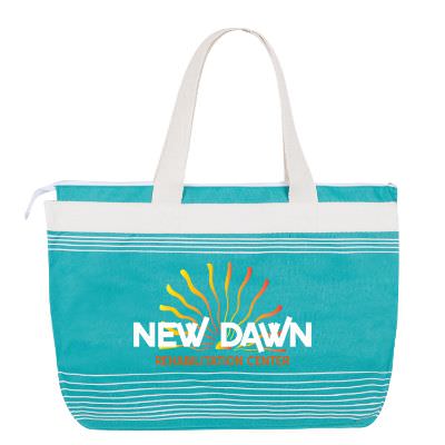 Polyester teal harbor stripe tote with personalized full color logo.