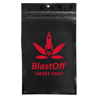 Black barrier bag with custom imprint.