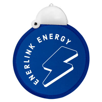 Polyester blue hand fan with a personalized logo.