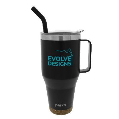 Stainless steel travel mug with a custom logo.