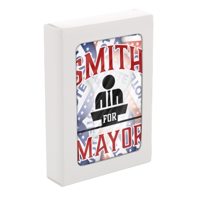 Patriotic paper playing cards with a custom logo.