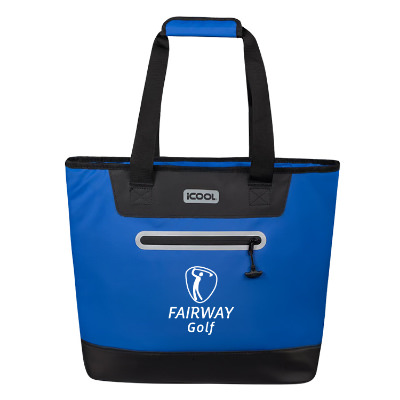 Blue tarpaulin cooler with a personalized logo.