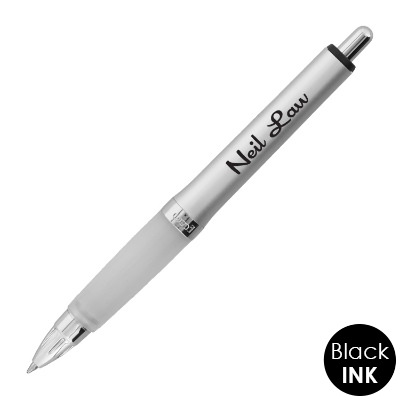 Silver plastic pen with a customized logo.