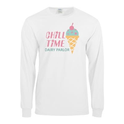 White long sleeve t-shirt with custom full color logo.