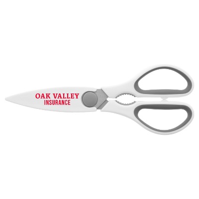 Plastic and metal white kitchen scissors with personalized one color imprint.