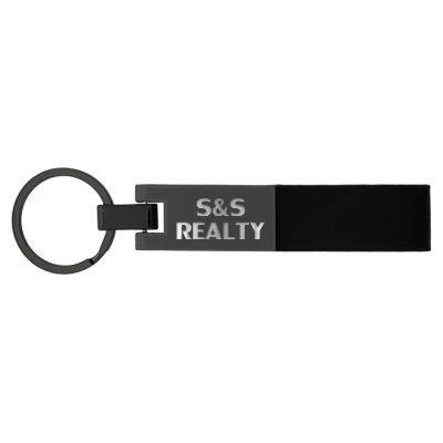 Gunmetal leather keychain with laser engraved imprint.