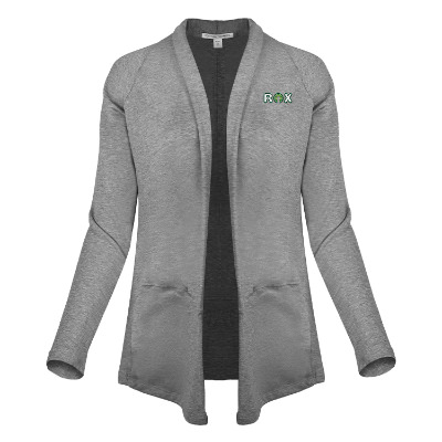 Gray cardigan with embroidered imprint.