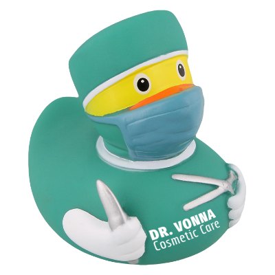 Plastic teal custom rubber duck.