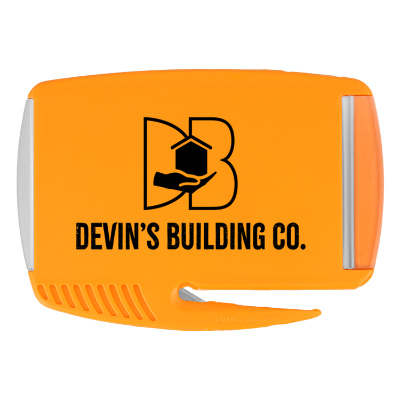 Orange plastic letter opener with a custom logo.