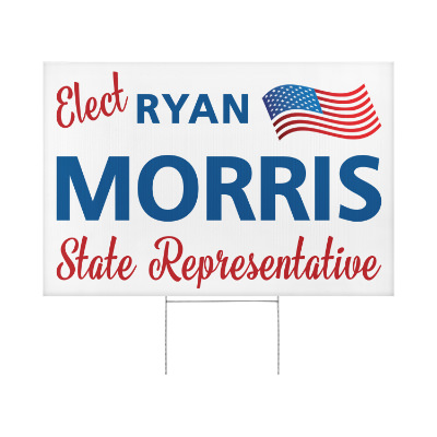 White plastic yard sign with a branded logo.